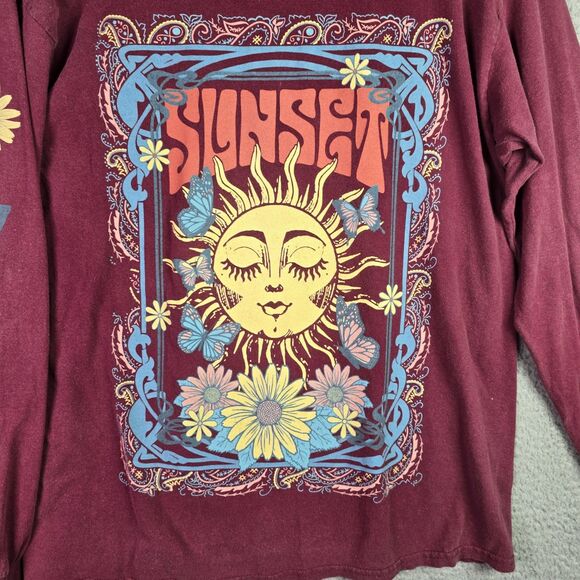 Obsessive Love Boho Graphic T-Shirt Maroon Sunset Moonlight Butterflies Festival - Picture 5 of 8